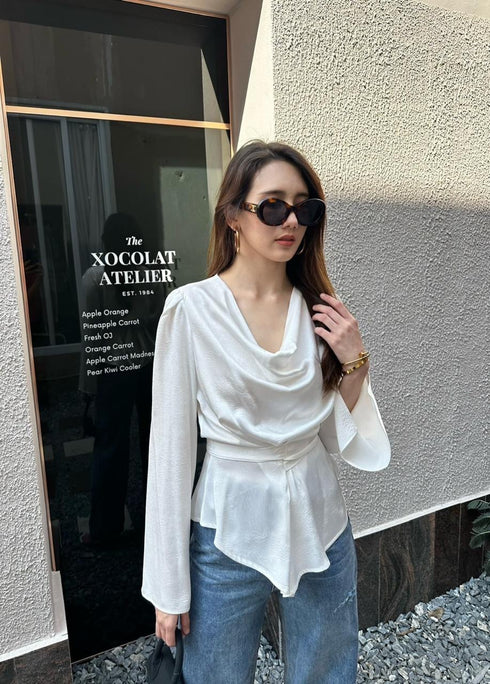 Premium Satin Cowl Neck Waist Tie Trumpet Sleeves Tops